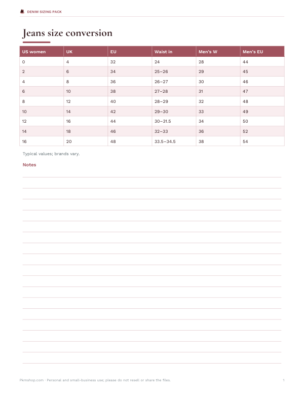 Preview of Printable Denim Size Conversion Chart