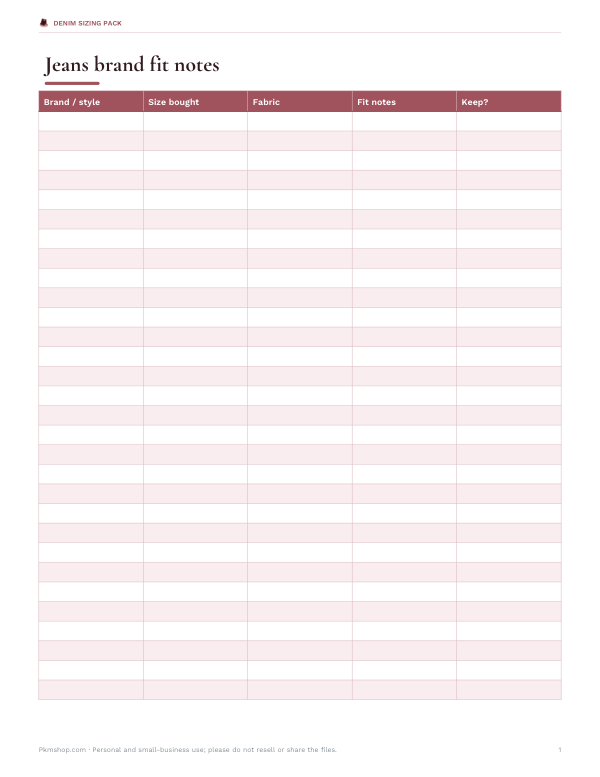 Preview of Printable Jeans Fit Notes Sheet