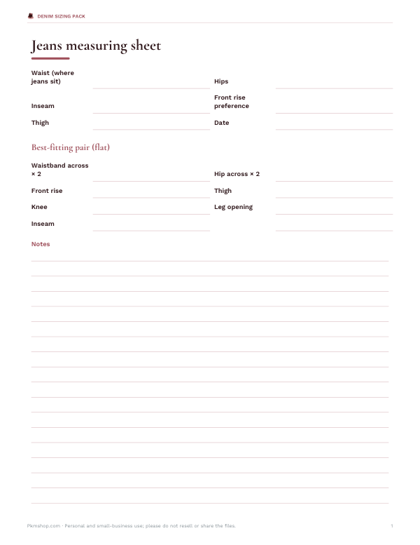 Preview of Printable Jeans Measuring Sheet